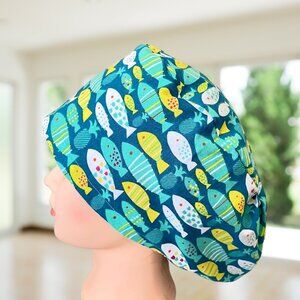 PREMIUM Fish and Pineapple~ Euro Style Scrub Cap, Unisex Nurse Cap, Vet,PA,CNA